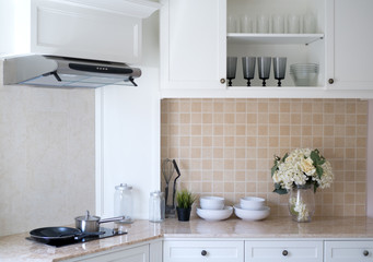Interior of a new modern kitchen, white tone.
