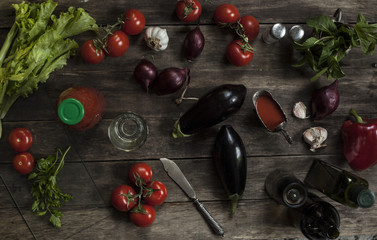 fresh vegetables on a wooden table. view from above