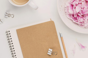 feminine minimalist notebook mock-up with coffee mug, pencil and peonies