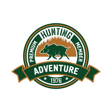 Hunting club badge with wild boar and forest