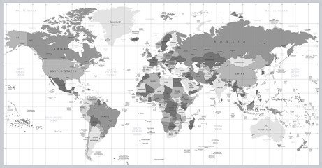 Grayscale World map detailed vector illustration