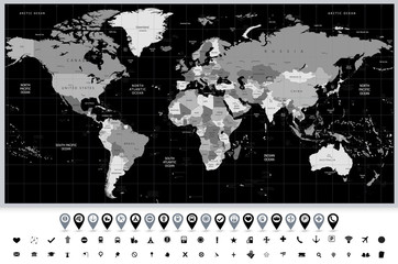 Detailed vector World map in colors of gray and navigation icons