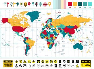 World map and Nuclear Power technology icons with contamination