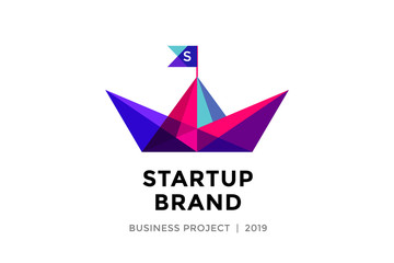 Logo for startup project with inscription Startup Brand - Business project. Logo template of colorful paper boat. Business concept and identity symbol. Startup graphic design concept. Vector