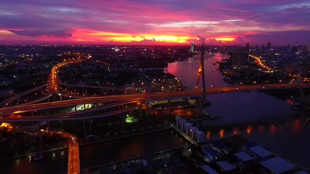 aerial view of bangkok landmark and transportation crossing chaopraya river