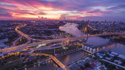 Naklejka premium beautiful aerial view of bangkok dramatic sky at bhumiphol bridg