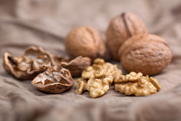 Walnut without shell close-up, and nuts in the shell