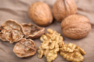 Walnut without shell close-up, and nuts in the shell