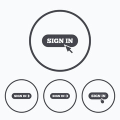 Sign in icons. Login with arrow, hand pointer.