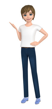 3D illustration character - The boy who wore a T-shirt guides you.