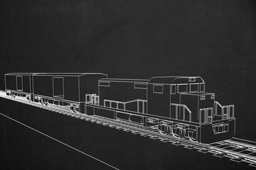 Zeichnung eines Güterzuges in weiss auf schwarz mit zwei Wagons