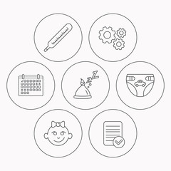 Thermometer, diapers and sleep hat icons.