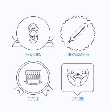 Newborn, diapers and thermometer icons.