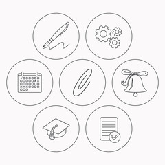 Graduation cap, pen and bell icons.