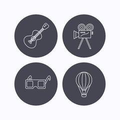 Guitar music, 3d glasses and air balloon icons.