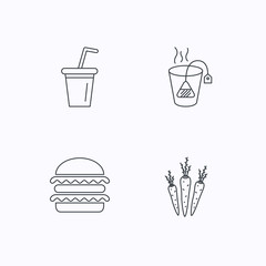 Hamburger, tea bag and soft drink icons.