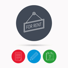 For rent icon. Advertising banner tag sign.