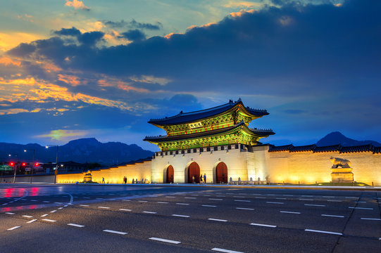 Geyongbokgung Palace and car light at sunset in Seoul, South Kor