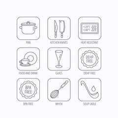 Kitchen knives, glass and pan icons.