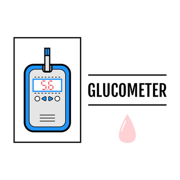 Glucometer, test strip. Label, flat icon, medical equipment. Diabetes