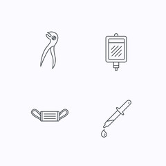 Medical mask, blood and dental pliers icons.