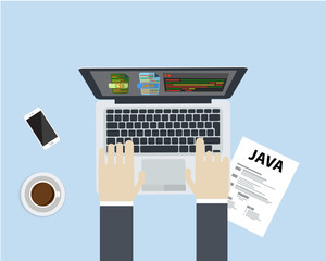 Programming developer with laptop vector flat design.
