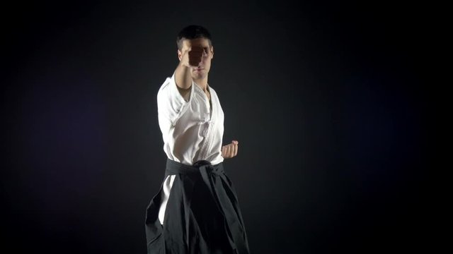 karateka performs  punches
