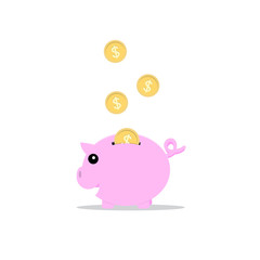 piggy bank pink color  with golden coins icon