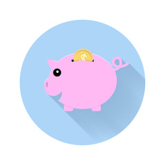 piggy bank pink color  and golden coins icon flat design with lo