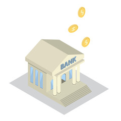 Bank buiding Icon with golden dollar coins isometric view