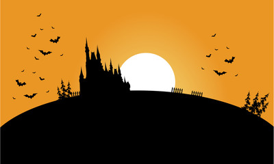 Obraz premium Silhouette of castle and bat halloween