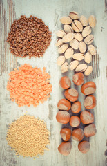 Vintage photo, Products and ingredients containing iron and dietary fiber, healthy nutrition