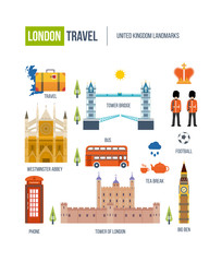 Flat design of London city. Historical and modern building.