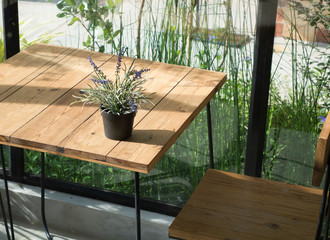 Violet lavender flowers and green leaf in flowerpot on wooden table ( twilight and evening tone color )