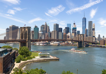 New York City Manhattan downtown buildings skyline Brooklyn Bridge