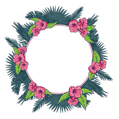 Palmtree leaves and pink trumpetbush flowers wreath