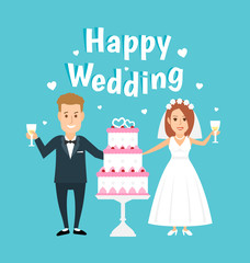 happy loving married couple bride and groom with wedding cake