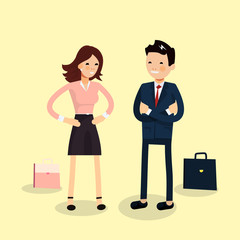 Businessman and businesswoman characters standing and carry on n