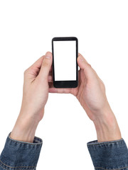 Male hands holding a mobile phone with touch blank white screen on white background.