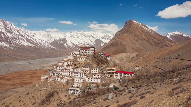 Time Lapse of Key Gompa Monastery (4166 m) at sunrise. Spiti valley, India.