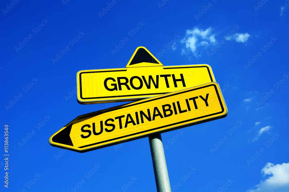 Wall mural growth or sustainability - traffic sign with two options - deciding between economical and financial