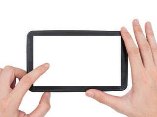 Male hands holding a  tablet touch computer gadget with touch blank white screen on white background.
