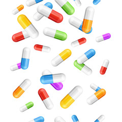 Falling Pills Color Capsules Background. Vector