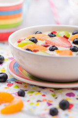 Delicious milky vanilla pudding colorful fruit