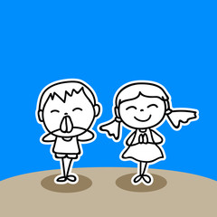hand drawing cartoon happy kids with thank you posture happiness