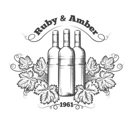 Wine label with bottles of wine and bunches of grapes. Vector illustration