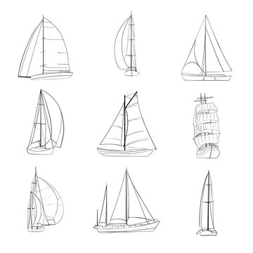 Set of 9 sailboats isolated on white.