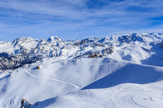 View of snow covered Courchevel slope in French Alps. Ski Resort Meribel