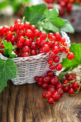 OOrganic red currant on wooden background with copy space 