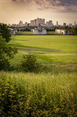 Panoramic View from the top of a hill in Greenwich Park in London, UK looking over the park, river...
